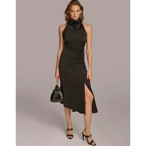 Donna Karan Midi Dress Asymmetrical Hem Mockneck Cocktail Satin Black US 14 NWT